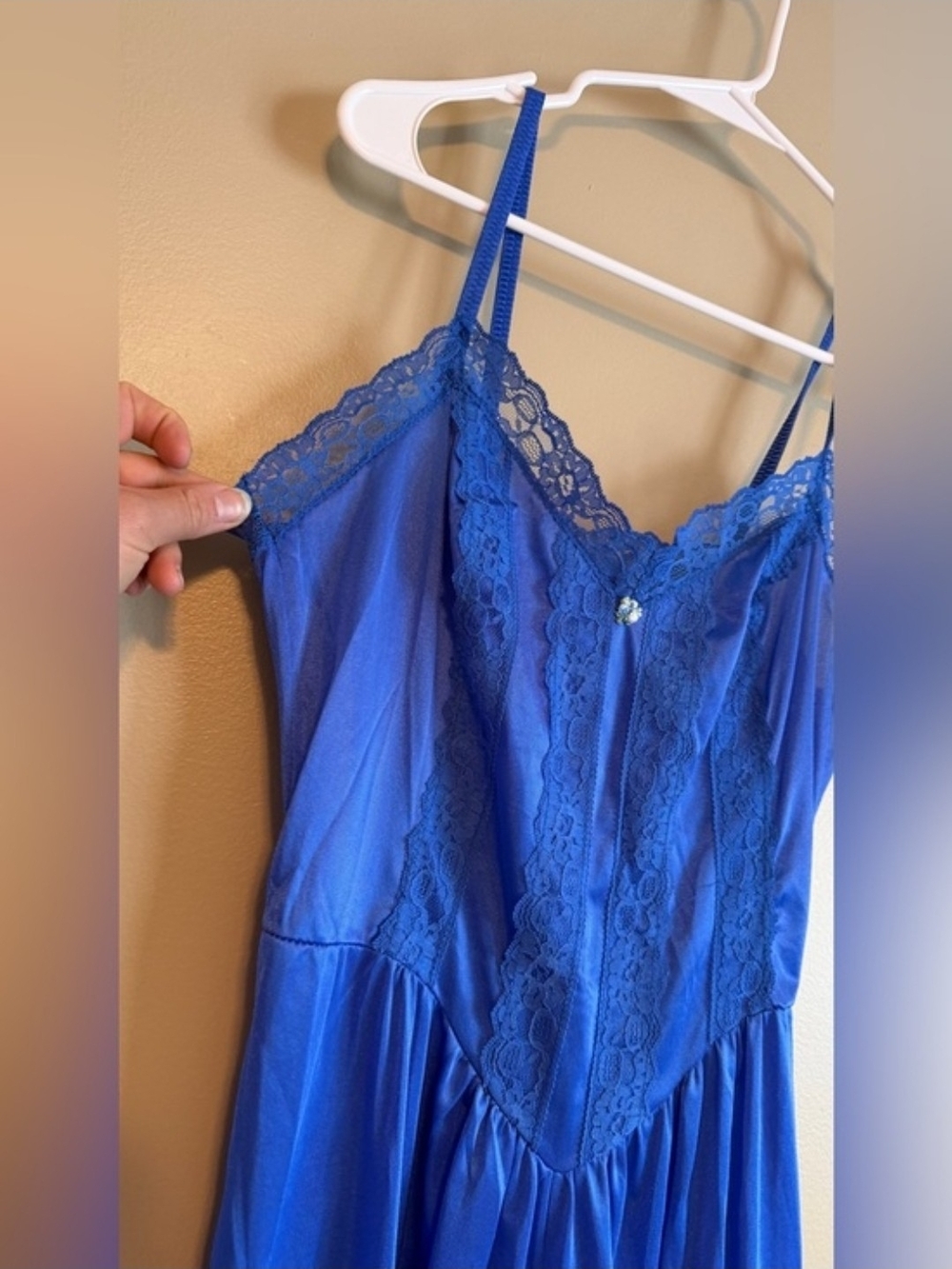 Vintage 80s Lady Cameo Royal Blue Nylon Lace Lounge Jumpsuit M - Picture 8 of 10